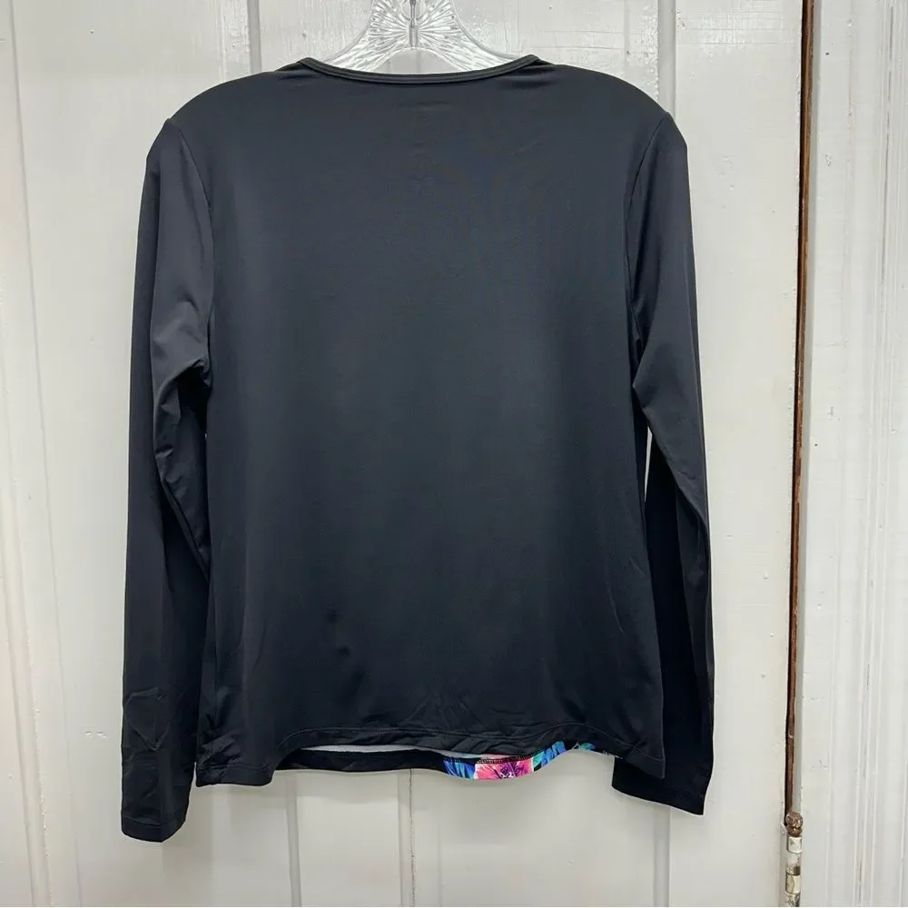 Lands' End black floral rash guard‎ long sleeve swim shirt women's small 6 - 8